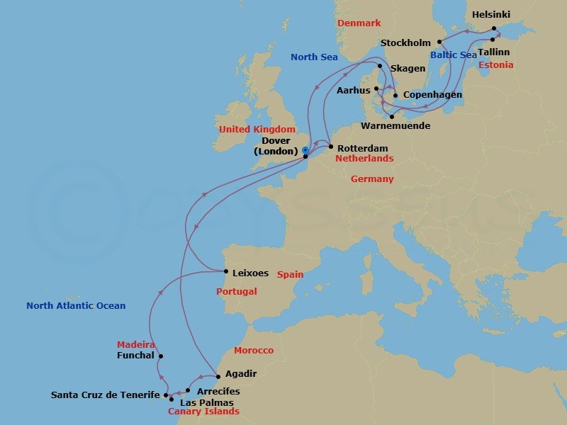 Route map: Dover (London), England, UK → Rotterdam, The Netherlands → Agadir, Morocco → Arrecife, Lanzarote, Canary Islands, Spain → Las Palmas, Gran Canaria, Canary Islands, Spain → Santa Cruz (Tenerife), Canary Islands, Spain → Funchal (Madeira), Portugal → Leixoes (Porto), Portugal → Dover (London), England, UK → Rotterdam, The Netherlands