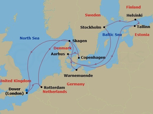 Route map: Dover (London), England, UK → Rotterdam, The Netherlands → Copenhagen, Denmark → Aarhus, Denmark → Warnemunde (Berlin), Germany → Tallinn, Estonia → Helsinki, Finland → Stockholm, Sweden → Skagen, Denmark → Dover (London), England, UK