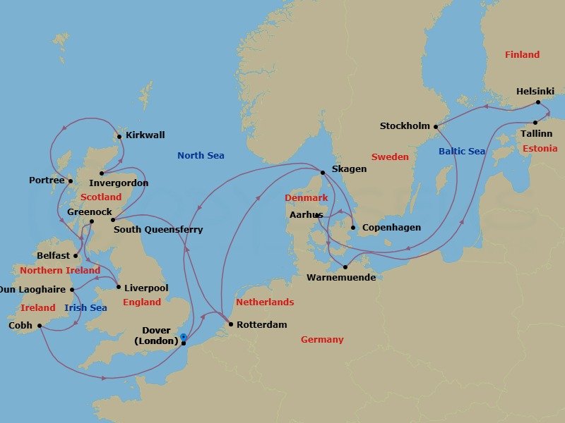Route map: Dover (London), England, UK → Rotterdam, The Netherlands → Copenhagen, Denmark → Aarhus, Denmark → Warnemunde (Berlin), Germany → Tallinn, Estonia → Helsinki, Finland → Stockholm, Sweden → Skagen, Denmark → Dover (London), England, UK