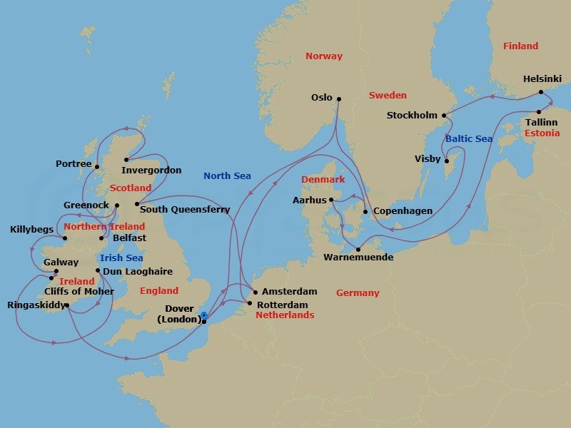 Route map: Dover (London), England, UK → Rotterdam, The Netherlands → Copenhagen, Denmark → Aarhus, Denmark → Warnemunde (Berlin), Germany → Tallinn, Estonia → Helsinki, Finland → Stockholm, Sweden → Visby, Gotland, Sweden → Oslo, Norway