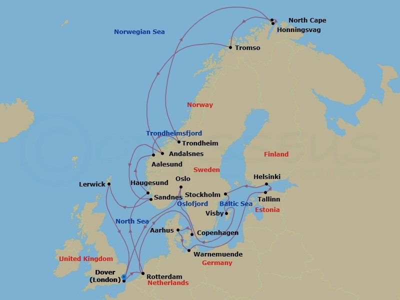 Route map: Dover (London), England, UK → Rotterdam, The Netherlands → Copenhagen, Denmark → Aarhus, Denmark → Warnemunde (Berlin), Germany → Tallinn, Estonia → Helsinki, Finland → Stockholm, Sweden → Visby, Gotland, Sweden → Oslo, Norway