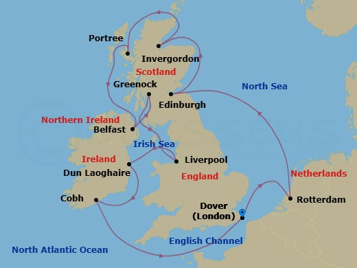 Route map: Dover (London), England, UK → Rotterdam, The Netherlands → Newhaven (Edinburgh), United Kingdom → Invergordon (Inverness), Scotland, United Kingdom → Portree (Isle of Skye), Scotland, United Kingdom → Belfast, Northern Ireland, United Kingdom → Greenock (Glasgow), Scotland, United Kingdom → Liverpool, England, United Kingdom → Dun Laoghaire (Dublin), Ireland → Cobh (Cork), Ireland
