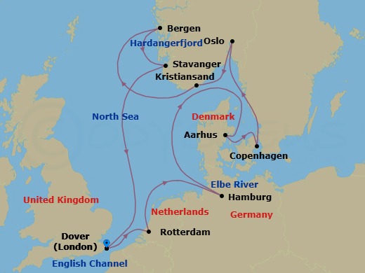 Route map: Dover (London), England, UK → Rotterdam, The Netherlands → Hamburg, Germany → Aarhus, Denmark → Copenhagen, Denmark → Oslo, Norway → Kristiansand, Norway → Bergen, Norway → Stavanger, Norway → Dover (London), England, UK