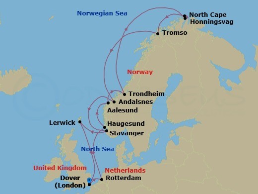 Route map: Dover (London), England, UK → Rotterdam, The Netherlands → Haugesund, Norway → Alesund, Norway → Trondheim, Norway → Honningsvag, Norway → Tromso, Norway → Andalsnes, Norway → Stavanger, Norway → Lerwick, Shetland Islands, United Kingdom