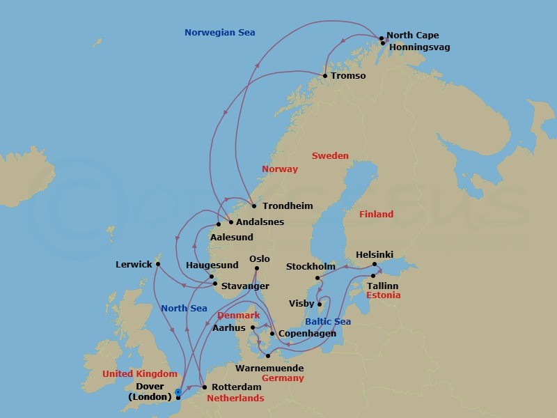 Route map: Dover (London), England, UK → Rotterdam, The Netherlands → Haugesund, Norway → Alesund, Norway → Trondheim, Norway → Honningsvag, Norway → Tromso, Norway → Andalsnes, Norway → Stavanger, Norway → Lerwick, Shetland Islands, United Kingdom