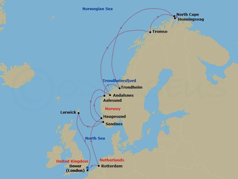 Route map: Dover (London), England, UK → Rotterdam, The Netherlands → Haugesund, Norway → Alesund, Norway → Trondheim, Norway → Honningsvag, Norway → Tromso, Norway → Andalsnes, Norway → Sandnes (Stavanger), Norway → Lerwick, Shetland Islands, United Kingdom