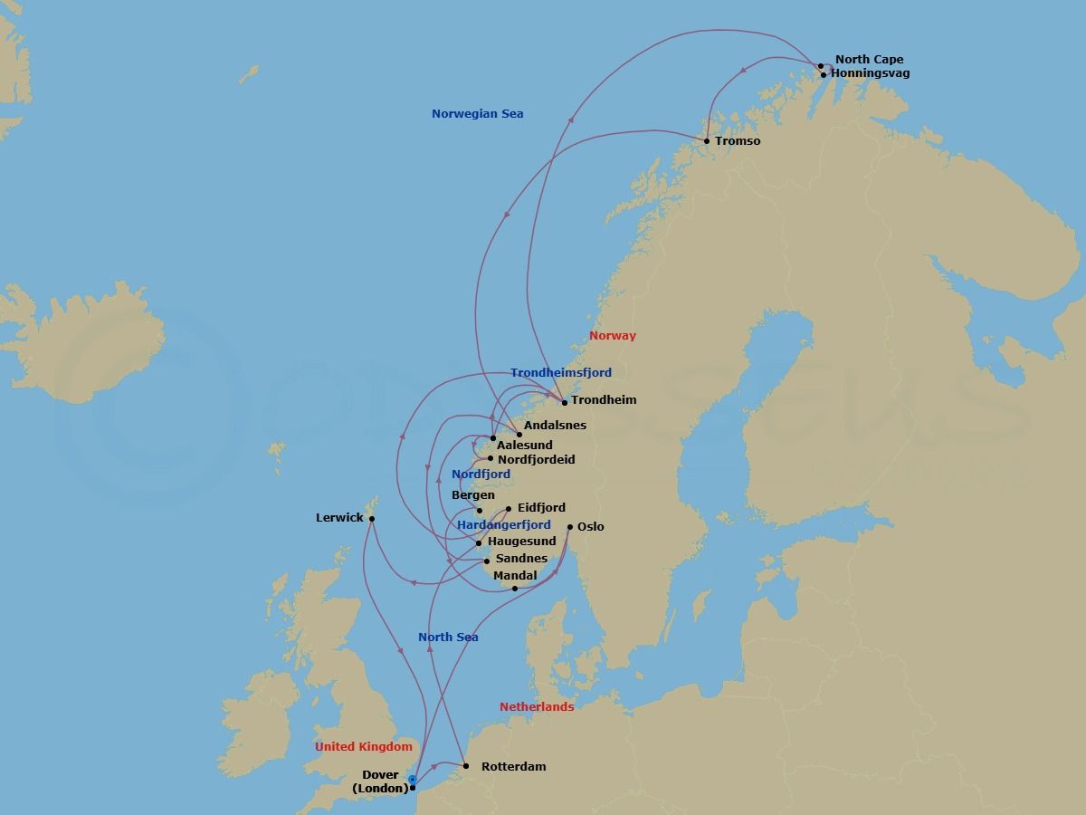 Route map: Dover (London), England, UK → Rotterdam, The Netherlands → Haugesund, Norway → Alesund, Norway → Trondheim, Norway → Honningsvag, Norway → Tromso, Norway → Andalsnes, Norway → Sandnes (Stavanger), Norway → Lerwick, Shetland Islands, United Kingdom