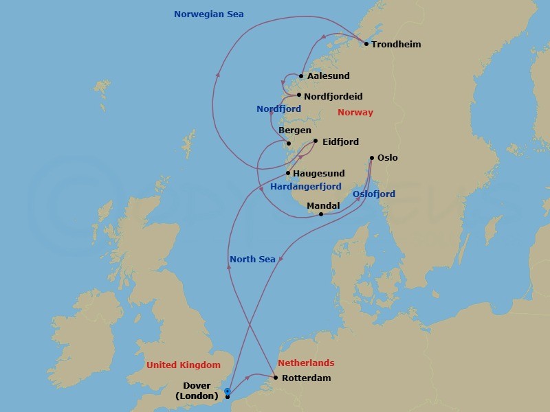 Route map: Dover (London), England, UK → Rotterdam, The Netherlands → Haugesund, Norway → Eidfjord, Norway → Trondheim, Norway → Alesund, Norway → Nordfjordeid, Norway → Bergen, Norway → Mandal (Kristiansand), Norway → Oslo, Norway