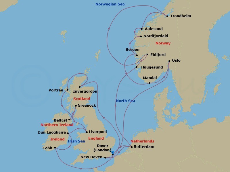 Route map: London (Dover) → Rotterdam → Haugesund → Eidfjord → Hardangerfjord → Trondheim → Aalesund → Nordfjordeid → Nordfjord → Bergen