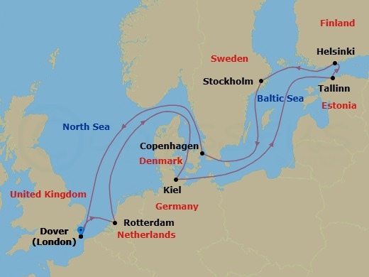 Route map: Dover (London), England, UK → Rotterdam, The Netherlands → Kiel (Hamburg), Germany → Tallinn, Estonia → Helsinki, Finland → Stockholm, Sweden → Copenhagen, Denmark → Dover (London), England, UK