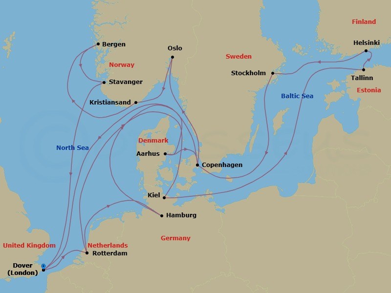 Route map: Dover (London), England, UK → Rotterdam, The Netherlands → Kiel (Hamburg), Germany → Tallinn, Estonia → Helsinki, Finland → Stockholm, Sweden → Copenhagen, Denmark → Dover (London), England, UK → Rotterdam, The Netherlands → Hamburg, Germany