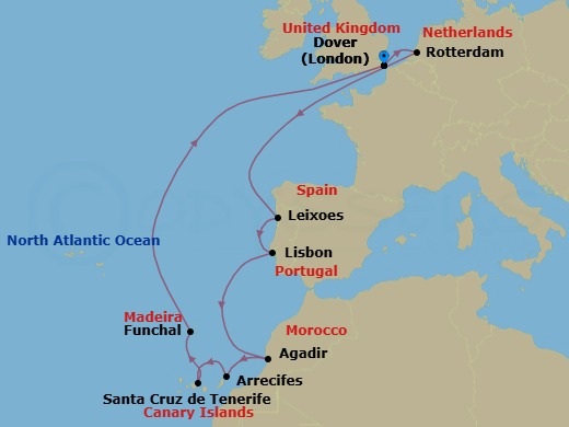 Route map: Dover (London), England, UK → Rotterdam, The Netherlands → Leixoes (Porto), Portugal → Lisbon, Portugal → Agadir, Morocco → Arrecife, Lanzarote, Canary Islands, Spain → Santa Cruz (Tenerife), Canary Islands, Spain → Funchal (Madeira), Portugal → Dover (London), England, UK