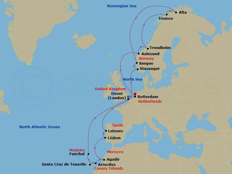 Route map: Dover (London), England, UK → Rotterdam, The Netherlands → Leixoes (Porto), Portugal → Lisbon, Portugal → Agadir, Morocco → Arrecife, Lanzarote, Canary Islands, Spain → Santa Cruz (Tenerife), Canary Islands, Spain → Funchal (Madeira), Portugal → Dover (London), England, UK → Rotterdam, The Netherlands