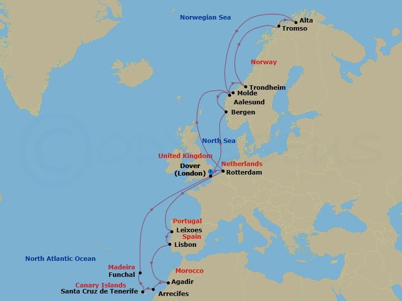 Route map: Dover (London), England, UK → Rotterdam, The Netherlands → Leixoes (Porto), Portugal → Lisbon, Portugal → Agadir, Morocco → Arrecife, Lanzarote, Canary Islands, Spain → Santa Cruz (Tenerife), Canary Islands, Spain → Funchal (Madeira), Portugal → Dover (London), England, UK → Rotterdam, The Netherlands