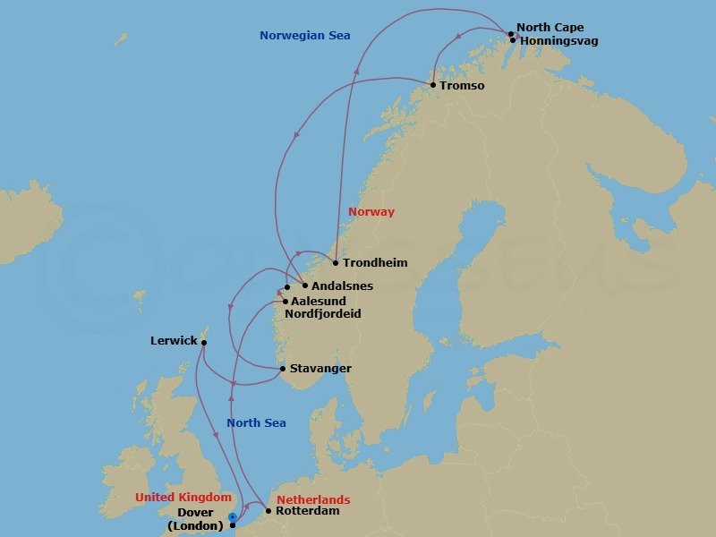 Route map: Dover (London), England, UK → Rotterdam, The Netherlands → Nordfjordeid, Norway → Alesund, Norway → Trondheim, Norway → Honningsvag, Norway → Tromso, Norway → Andalsnes, Norway → Stavanger, Norway → Lerwick, Shetland Islands, United Kingdom