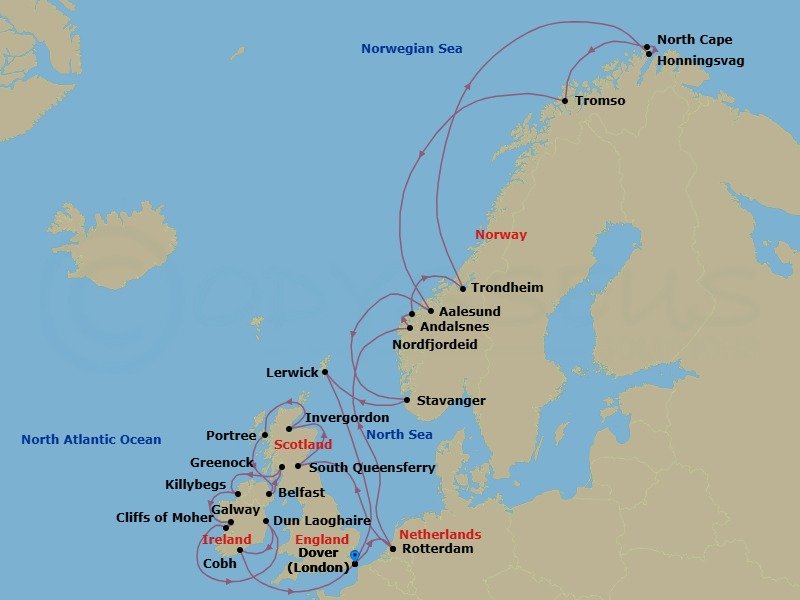 Route map: Dover (London), England, UK → Rotterdam, The Netherlands → Nordfjordeid, Norway → Alesund, Norway → Trondheim, Norway → Honningsvag, Norway → Tromso, Norway → Andalsnes, Norway → Stavanger, Norway → Lerwick, Shetland Islands, United Kingdom
