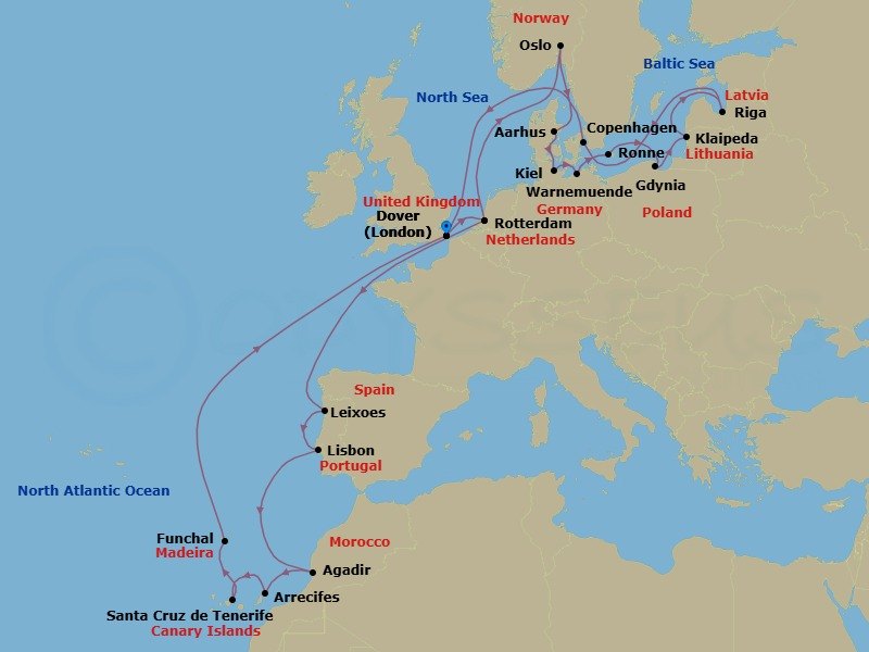 Route map: Dover (London), England, UK → Rotterdam, The Netherlands → Oslo, Norway → Aarhus, Denmark → Kiel (Hamburg), Germany → Warnemunde (Berlin), Germany → Ronne (Bornholm), Denmark → Gdynia (Gdansk), Poland → Klaipeda, Lithuania → Riga, Latvia