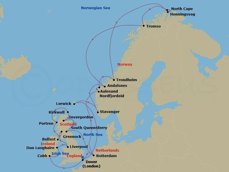 Route map: Dover (London), England, UK → Rotterdam, The Netherlands → South Queensferry (Edinburgh), Scotland, United Kingdom → Invergordon (Inverness), Scotland, United Kingdom → Kirkwall, Scotland, United Kingdom → Portree (Isle of Skye), Scotland, United Kingdom → Belfast, Northern Ireland, United Kingdom → Greenock (Glasgow), Scotland, United Kingdom → Liverpool, England, United Kingdom → Dun Laoghaire (Dublin), Ireland