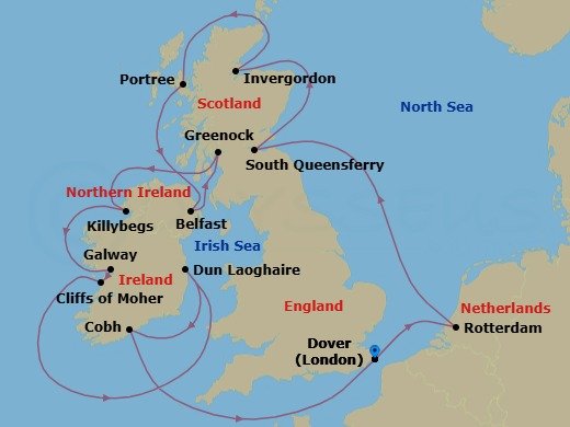 Route map: Dover (London), England, UK → Rotterdam, The Netherlands → South Queensferry (Edinburgh), Scotland, United Kingdom → Invergordon (Inverness), Scotland, United Kingdom → Portree (Isle of Skye), Scotland, United Kingdom → Belfast, Northern Ireland, United Kingdom → Greenock (Glasgow), Scotland, United Kingdom → Killybegs, Donegal, Ireland → Galway, Ireland → Dun Laoghaire (Dublin), Ireland