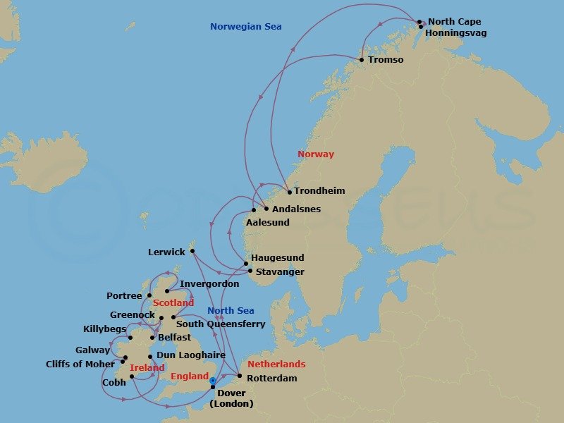 Route map: Dover (London), England, UK → Rotterdam, The Netherlands → South Queensferry (Edinburgh), Scotland, United Kingdom → Invergordon (Inverness), Scotland, United Kingdom → Portree (Isle of Skye), Scotland, United Kingdom → Belfast, Northern Ireland, United Kingdom → Greenock (Glasgow), Scotland, United Kingdom → Killybegs, Donegal, Ireland → Galway, Ireland → Dun Laoghaire (Dublin), Ireland