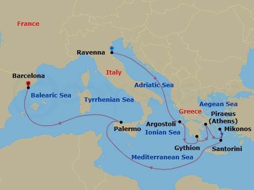 Route map: Ravenna → Argostoli (Cephalonia) → Gythion → Athens (Piraeus) → Mykonos → Santorini → Palermo (Sicily) → Barcelona
