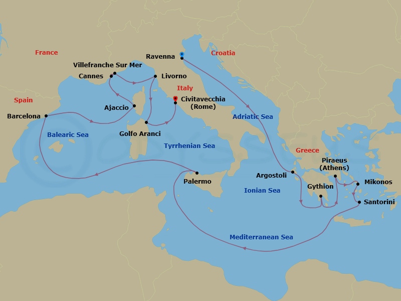 Route map: Ravenna → Argostoli (Cephalonia) → Gythion → Athens (Piraeus) → Mykonos → Santorini → Palermo (Sicily) → Barcelona → Ajaccio (Corsica) → Cannes