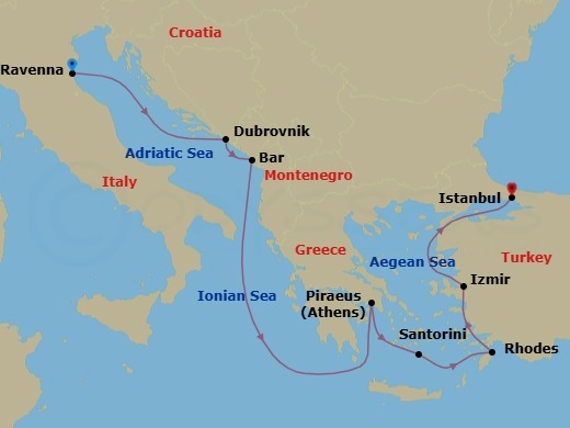 Route map: Venice (Ravenna), Italy → Dubrovnik, Croatia → Bar  Montenegro → Piraeus  Athens, Greece → Santorini Island, Greece → Rhodes, Greece → Izmir  Ephesus, Turkey → Istanbul, Turkey