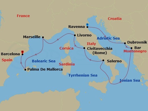 Route map: Venice (Ravenna), Italy → Dubrovnik, Croatia → Bar  Montenegro → Amalfi Coast (Salerno), Italy → Civitavecchia  Rome, Italy → Livorno  Florence Pisa, Italy → Provence  Marseille, France → Palma Majorca, Spain → Barcelona, Spain