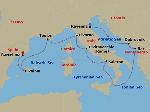 Route map: Venice (Ravenna), Italy → Dubrovnik, Croatia → Bar  Montenegro → Amalfi Coast (Salerno), Italy → Civitavecchia  Rome, Italy → Livorno  Florence Pisa, Italy → Toulon, France → Palma Majorca, Spain → Barcelona, Spain