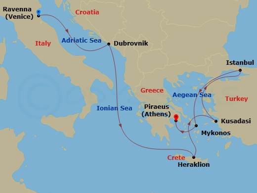 Route map: At Hotel → Venice (Ravenna), Italy → Dubrovnik, Croatia → Heraklion Crete, Greece → Kusadasi, Turkey → Istanbul, Turkey → Mykonos, Greece → Piraeus  Athens, Greece