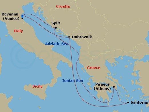 Route map: Ravenna, Italy → Dubrovnik, Croatia → Santorini, Greece → Athens (Piraeus), Greece → Split, Croatia → Ravenna, Italy