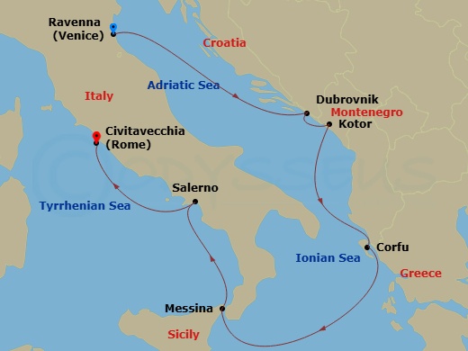 Route map: Ravenna, Italy → Dubrovnik, Croatia → Kotor, Montenegro → Corfu, Greece → Sicily (Messina), Italy → Amalfi Coast (Salerno),Italy → Rome (Civitavecchia), Italy