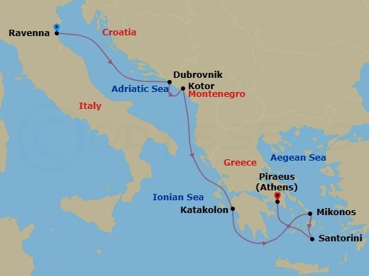 Route map: Venice (Ravenna), Italy → Dubrovnik, Croatia → Kotor, Montenegro → Olympia  Katakolon, Greece → Mykonos, Greece → Santorini Island, Greece → Piraeus  Athens, Greece