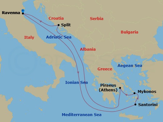 Route map: Ravenna, Italy → Santorini, Greece → Mykonos, Greece → Athens (Piraeus), Greece → Split, Croatia → Ravenna, Italy