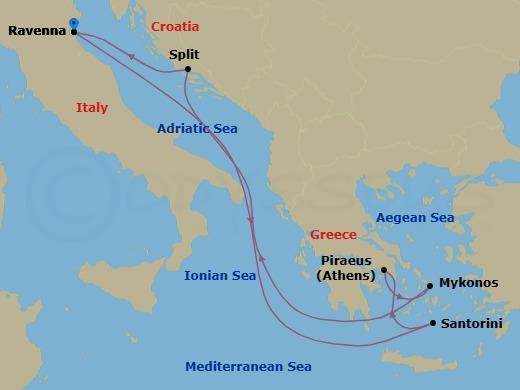 Route map: Ravenna, Italy → Santorini, Greece → Athens (Piraeus), Greece → Mykonos, Greece → Split, Croatia → Ravenna, Italy