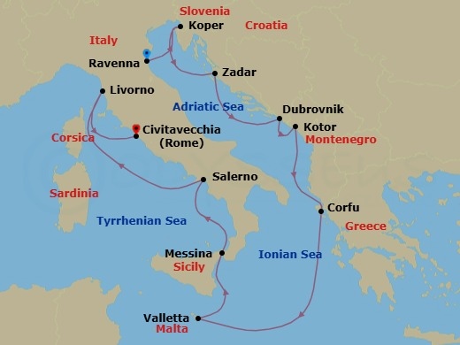 Route map: Venice (Ravenna), Italy → Koper, Slovenia → Zadar, Croatia → Dubrovnik, Croatia → Kotor, Montenegro → Corfu, Greece → Valletta, Malta → Messina, Italy → Amalfi Coast (Salerno), Italy → Livorno  Florence Pisa, Italy