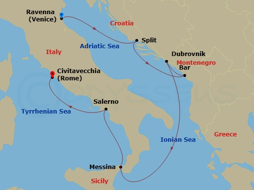 Route map: Ravenna, Italy → Split, Croatia → Bar, Montenegro → Dubrovnik, Croatia → Sicily (Messina), Italy → Amalfi Coast (Salerno),Italy → Rome (Civitavecchia), Italy