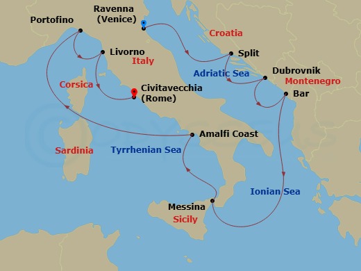 Route map: Ravenna, Italy → Split, Croatia → Dubrovnik, Croatia → Bar, Montenegro → Sicily (Messina), Italy → Amalfi Coast (Salerno),Italy → Portofino, Italy → Florence/Pisa(Livorno),Italy → Rome (Civitavecchia), Italy
