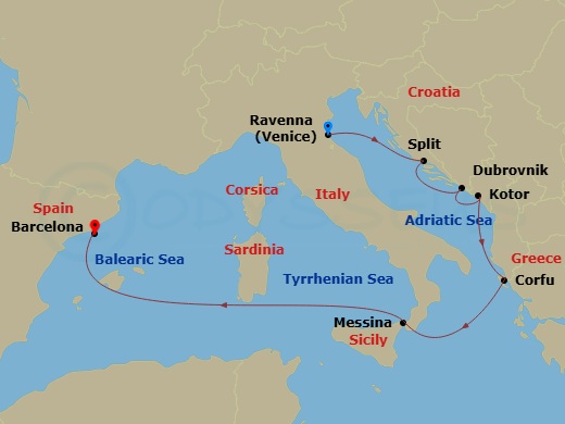 Route map: Venice (Ravenna), Italy → Split, Croatia → Dubrovnik, Croatia → Kotor, Montenegro → Corfu, Greece → Messina, Italy → Barcelona, Spain
