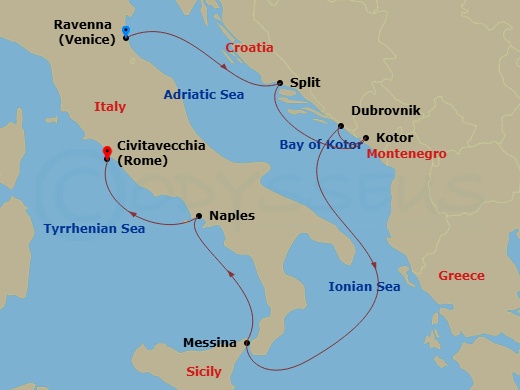 Route map: Ravenna, Italy → Split, Croatia → Kotor, Montenegro → Dubrovnik, Croatia → Sicily (Messina), Italy → Naples, Italy → Rome (Civitavecchia), Italy