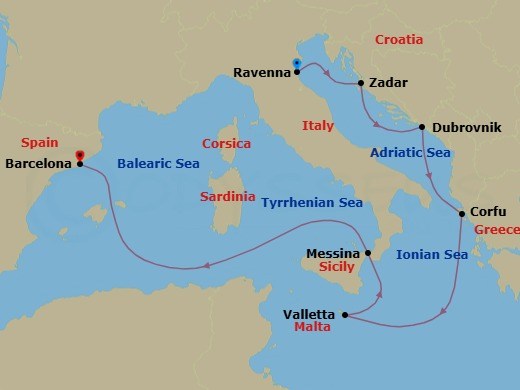 Route map: Ravenna, Italy → Zadar, Croatia → Dubrovnik, Croatia → Corfu, Greece → Valletta, Malta → Sicily (Messina), Italy → Barcelona, Spain