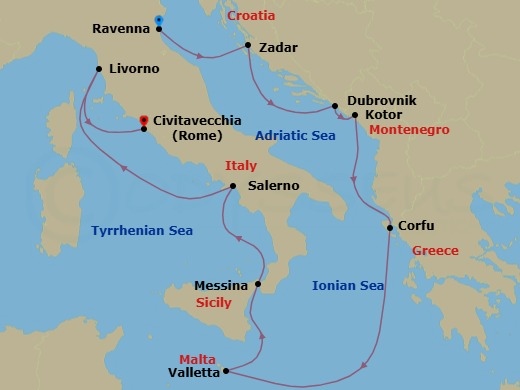 Route map: Venice (Ravenna), Italy → Zadar, Croatia → Dubrovnik, Croatia → Kotor, Montenegro → Corfu, Greece → Valletta, Malta → Messina, Italy → Amalfi Coast (Salerno), Italy → Livorno  Florence Pisa, Italy → Civitavecchia  Rome, Italy