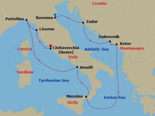Route map: Ravenna, Italy → Zadar, Croatia → Dubrovnik, Croatia → Kotor, Montenegro → Sicily (Messina), Italy → Amalfi Coast (Salerno),Italy → Portofino, Italy → Florence/Pisa(Livorno),Italy → Rome (Civitavecchia), Italy