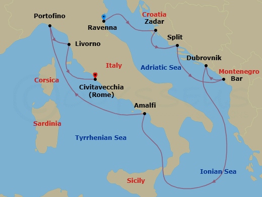 Route map: Ravenna, Italy → Zadar, Croatia → Split, Croatia → Bar, Montenegro → Dubrovnik, Croatia → Amalfi Coast (Salerno),Italy → Portofino, Italy → Florence/Pisa(Livorno),Italy → Rome (Civitavecchia), Italy