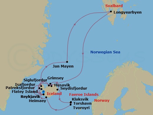 Route map: Reykjavik, Iceland → Flatey, Iceland → Siglufjordur, Iceland → Husavik, Iceland → Grimsey, Iceland → Seydisfjordur, Iceland → Torshavn, Faroe Islands → Klaksvik, Faroe Islands → Tvoroyri, Faroe Islands → Heimaey, Westman Islands, Iceland