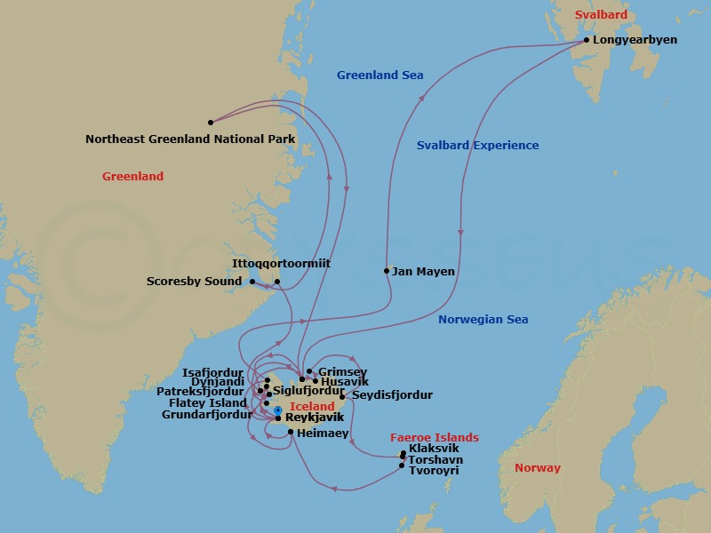 Route map: Reykjavik, Iceland → Flatey, Iceland → Siglufjordur, Iceland → Husavik, Iceland → Grimsey, Iceland → Seydisfjordur, Iceland → Torshavn, Faroe Islands → Klaksvik, Faroe Islands → Tvoroyri, Faroe Islands → Heimaey, Westman Islands, Iceland