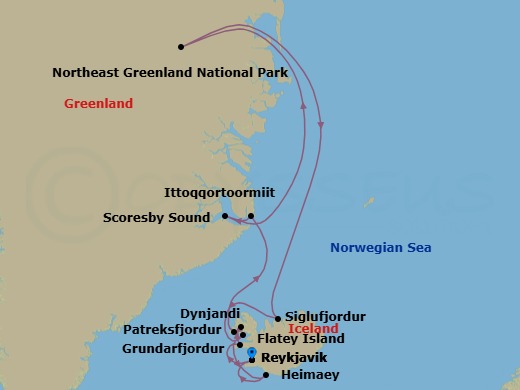 Route map: Reykjavik, Iceland → Grundarfjordur, Iceland → Dynjandi, Iceland → Patreksfjordur, Iceland → Ittoqqortoormiit, Greenland → Siglufjordur, Iceland → Flatey, Iceland → Heimaey, Westman Islands, Iceland → Reykjavik, Iceland