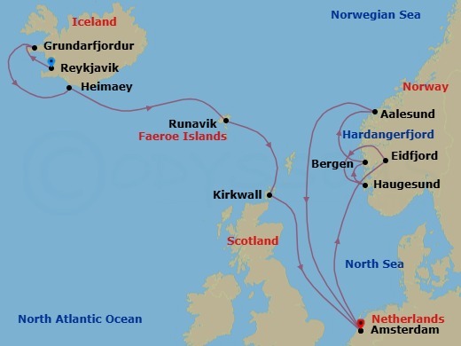 Route map: Reykjavik, Iceland → Grundarfjordur, Iceland → Heimaey, Westman Islands, Iceland → Runavik, Faroe Islands → Kirkwall, Scotland, United Kingdom → Amsterdam, The Netherlands → Eidfjord, Norway → Haugesund, Norway → Bergen, Norway → Alesund, Norway