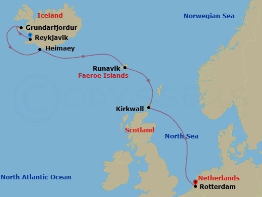 Route map: Reykjavik, Iceland → Grundarfjordur, Iceland → Heimaey, Westman Islands, Iceland → Runavik, Faroe Islands → Kirkwall, Scotland, United Kingdom → Rotterdam, The Netherlands