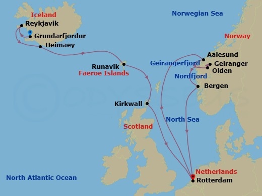 Route map: Reykjavik, Iceland → Grundarfjordur, Iceland → Heimaey, Westman Islands, Iceland → Runavik, Faroe Islands → Kirkwall, Scotland, United Kingdom → Rotterdam, The Netherlands → Alesund, Norway → Olden, Norway → Geiranger, Norway → Bergen, Norway